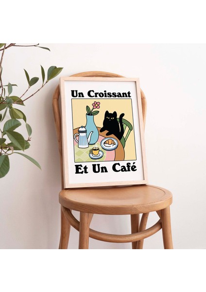 Fransız Cafe Kruvasan Kedi Baskı, Retro Içecek Posteri, Bistro Kahve Posterleri, Un Cafe Sil Vous Plait