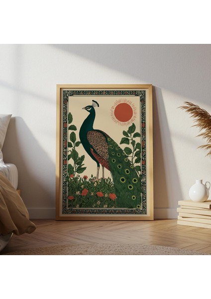 Tavus Kuşu Halk Sanatı, Çiçek Detaylarıyla Tuhaf Kuş Duvar Sanatı, Nötr Ev Dekoru