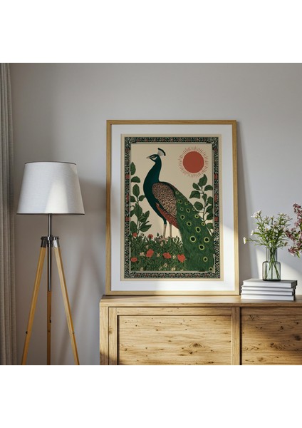 Tavus Kuşu Halk Sanatı, Çiçek Detaylarıyla Tuhaf Kuş Duvar Sanatı, Nötr Ev Dekoru