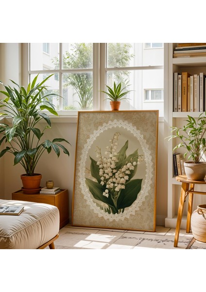 Vadi Zambağı: Vintage Dantel Çerçeve, Bej Botanik Sanatı ( & Dosyalar fırsatları