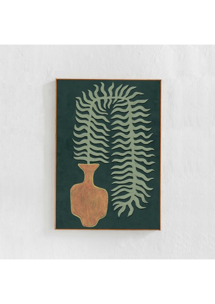 Vazoda Yeşil Eğreltiotu: Iskandinav Modern Iç Mekanlar Için Özgün Sanat. Bohem, Eklektik Adaçayı Yeşili Turuncu Duvar Sanatı.