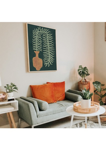 Vazoda Yeşil Eğreltiotu: Iskandinav Modern Iç Mekanlar Için Özgün Sanat. Bohem, Eklektik Adaçayı Yeşili Turuncu Duvar Sanatı. modelleri