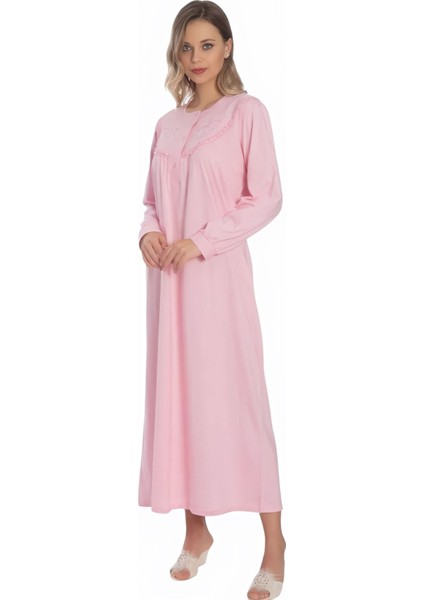 % 100 Pamuk Penye Işlemeli Yarım Patlı Düğmeli Kadın Uzun Kol Klasik Anne Pembe Gecelik DYP1001 fiyatları
