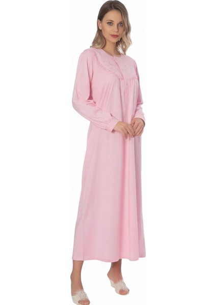 % 100 Pamuk Penye Işlemeli Yarım Patlı Düğmeli Kadın Uzun Kol Klasik Anne Pembe Gecelik DYP1001 modelleri