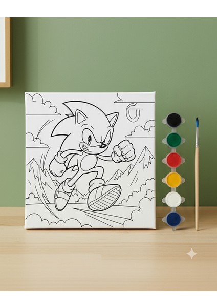 Çocuklar Için Sonic Baskılı Tuval Boya ve Fırça Seti Eğitimi Boyama Seti