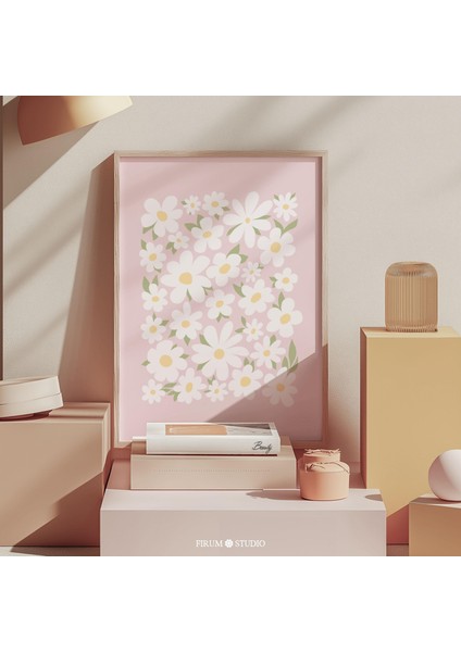 Açık Pastel Pembe Çiçekli Duvar Sanatı, Pembe Papatya Sanatı, Bohem Çiçek Poster