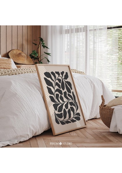 Soyut Botanik Yaprak Sanatı, Siyah ve Bej Orta Yüzyıl Modern Eklektik Bohem Yatak Odası Tasarımı | fiyatları