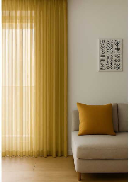 Dökümlü Düz Tül Perde - Koyu Hardal - Pileli Dikim 1x2,5 Pile - HRKL500