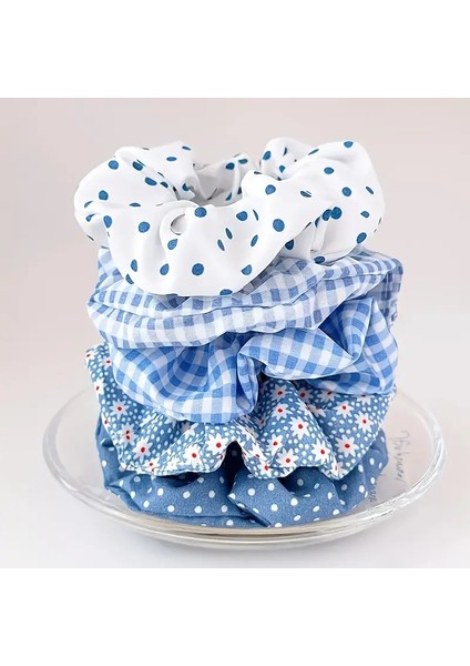 Mavi Beyaz Çiçek Desenli Saç Tokası Seti, Puantiyeli ve Ekose Desenli, 5 Parça, 10 cm x 3.5 cm