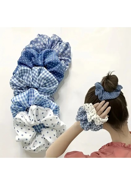 Mavi Beyaz Çiçek Desenli Saç Tokası Seti, Puantiyeli ve Ekose Desenli, 5 Parça, 10 cm x 3.5 cm fiyatları