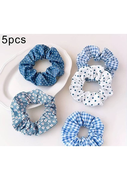 Mavi Beyaz Çiçek Desenli Saç Tokası Seti, Puantiyeli ve Ekose Desenli, 5 Parça, 10 cm x 3.5 cm modelleri