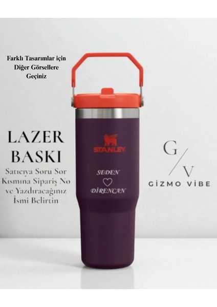 Kişiselleştirilebilir The Iceflow Flip Straw Pipetli Termos 0,89 L Mor/turuncu Özel İsimli fiyatları