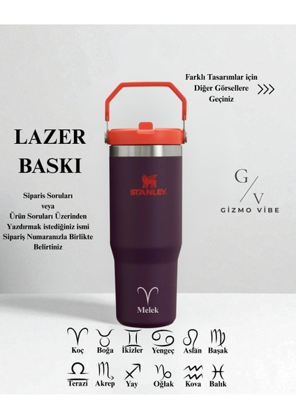 Kişiselleştirilebilir The Iceflow Flip Straw Pipetli Termos 0,89 L Mor/turuncu Özel İsimli modelleri