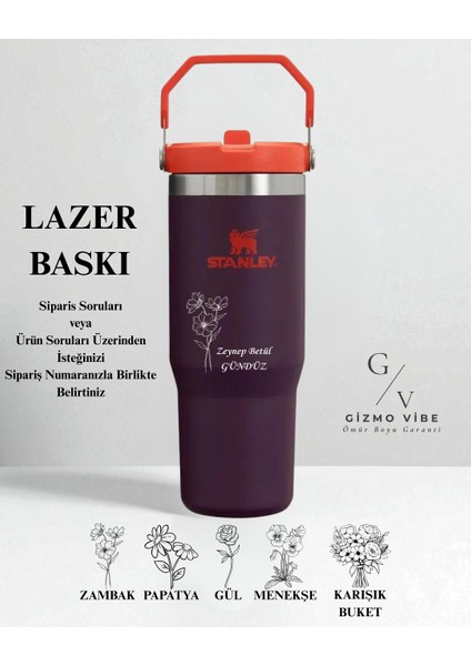 Kişiselleştirilebilir The Iceflow Flip Straw Pipetli Termos 0,89 L Mor/turuncu Özel İsimli