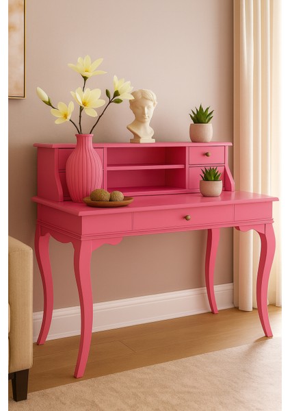 100 cm 5 Çekmeceli Masif Pembe Raflı Çalışma Masası