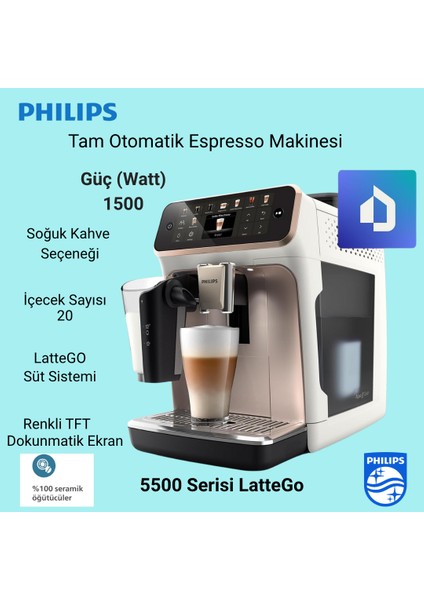 5500 Serisi Lattego Tam Otomatik Espresso Makinesi 20 Sıcak ve Soğuk Içecek, Renkli Dokunmatik Ekran,quickstart, Silentbrew Teknolojisi (EP5543/80)