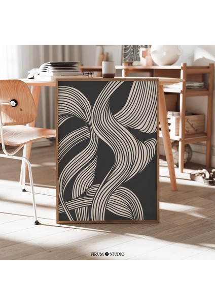 Kasvetli Siyah ve Bej Soyut Dalga Sanatı, Orta Yüzyıl Modern Çizgi Tasarımı