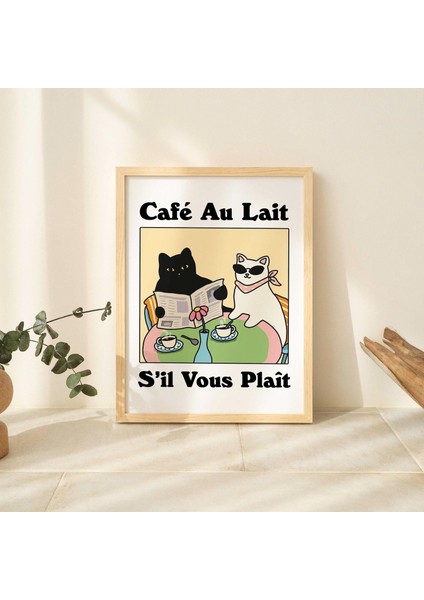 Çerçeveli Fransız Cafe Au Lait Kedi Baskısı, Retro Içecek Posteri, Bistro Kahve Posterleri, Mutfak Dekoru