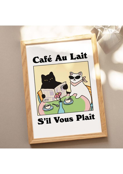 Çerçeveli Fransız Cafe Au Lait Kedi Baskısı, Retro Içecek Posteri, Bistro Kahve Posterleri, Mutfak Dekoru modelleri