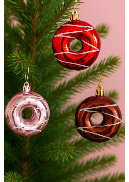Pvc Kutuda 3’lü Donut Yılbaşı Ağacı Süsü 8 cm | Kırmızı, Pembe, Kahverengi | Parlak Dekoratif