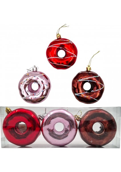 Pvc Kutuda 3’lü Donut Yılbaşı Ağacı Süsü 8 cm | Kırmızı, Pembe, Kahverengi | Parlak Dekoratif modelleri