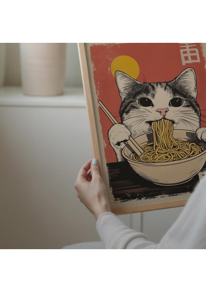 Ramen Yiyen Eski Kedi, Japon Duvar Sanatı, Erişte Severlere Hediye, Japon Mutfak Dekoru modelleri