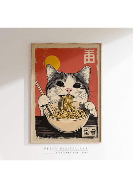 Ramen Yiyen Eski Kedi, Japon Duvar Sanatı, Erişte Severlere Hediye, Japon Mutfak Dekoru indirimleri