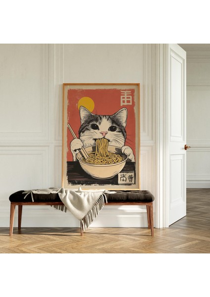 Ramen Yiyen Eski Kedi, Japon Duvar Sanatı, Erişte Severlere Hediye, Japon Mutfak Dekoru