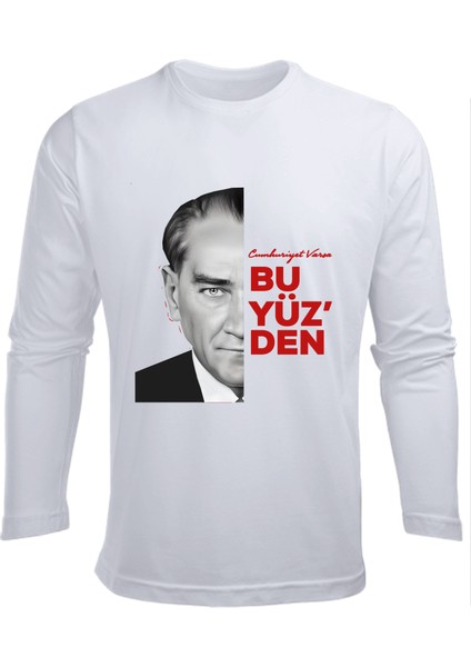 Uzun Kollu Cumhuriyet Varsa Bu Yüz'den Atatürk ve 29 Ekim Baskılı Çocuk T-Shirt