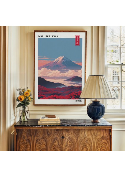 Fuji Dağı: Kırmızı Çiçekli Japon Manzarası (, / Dosya)
