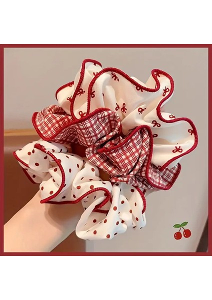 Vintage Tarzı Kırmızı Beyaz Ekose ve Puantiyeli Saç Tokası Seti, Fiyonklu Scrunchie, 3'lü Paket, 11 cm