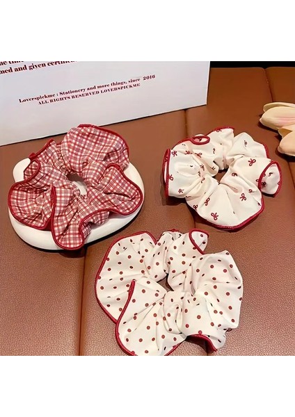 Vintage Tarzı Kırmızı Beyaz Ekose ve Puantiyeli Saç Tokası Seti, Fiyonklu Scrunchie, 3'lü Paket, 11 cm modelleri