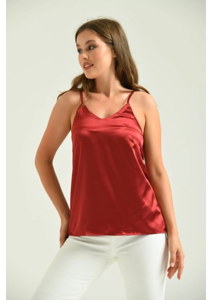 Kadın Atlet Ip Askılı Saten Atlet Bordo - T091