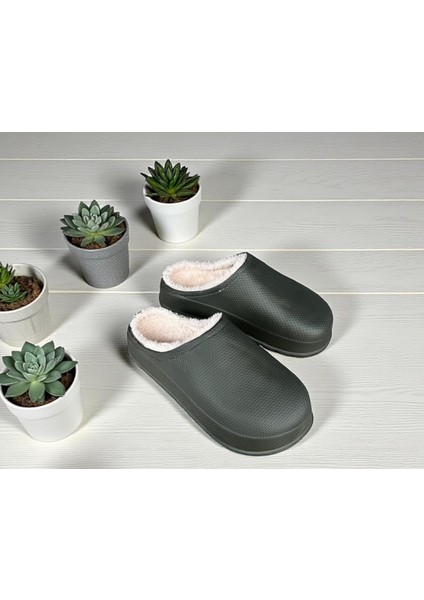 Erkek Haki Içi Yünlü Hafif Taban Ev Terlik