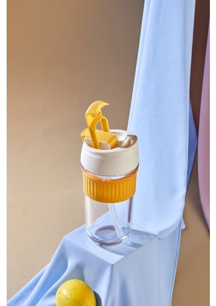 Lüx Cam Akıllı Kapak Pipetli Suluk Matara, Soğuk Kahve Bardağı Kapaklı Matara 450 ml