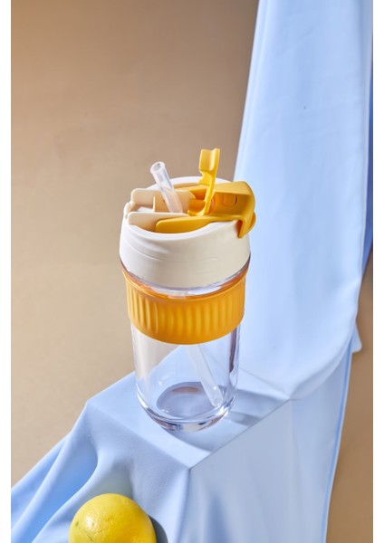 Lüx Cam Akıllı Kapak Pipetli Suluk Matara, Soğuk Kahve Bardağı Kapaklı Matara 450 ml fiyatları