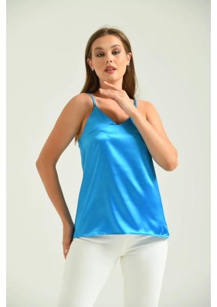 Kadın Atlet Ip Askılı Saten Atlet Turkuaz - T091