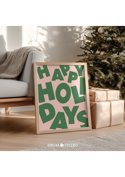 Mutlu Tatiller Tipografi Duvar Sanatı, Modern Yeşil ve Pembe Tatil Posteri