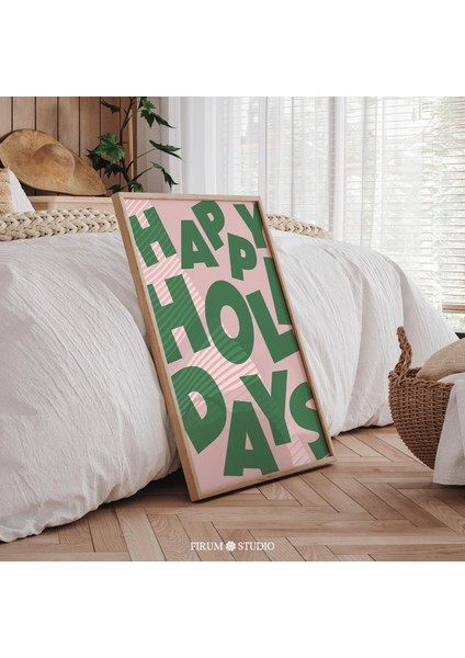 Mutlu Tatiller Tipografi Duvar Sanatı, Modern Yeşil ve Pembe Tatil Posteri fiyatları