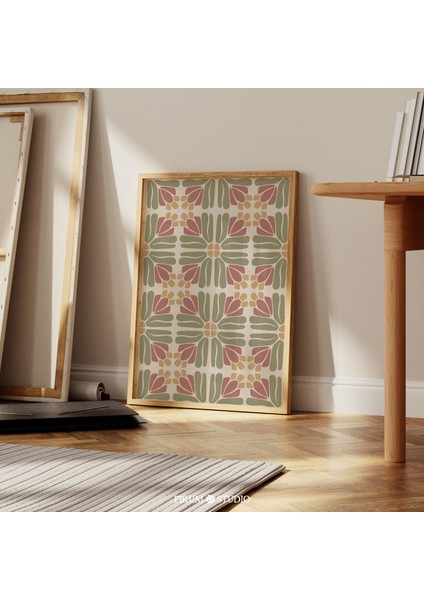 Akdeniz Çiçekli Çini Duvar Sanatı, Toprak Tonlarında Soyut Desenli Poster