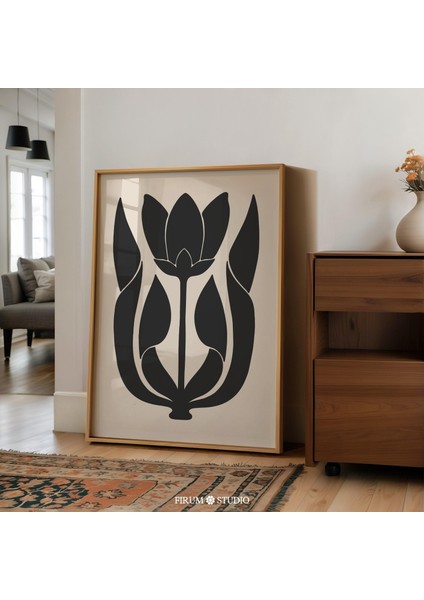 Modern Lale Sanatı, Bej ve Siyah Çiçekli Duvar Dekoru fiyatları