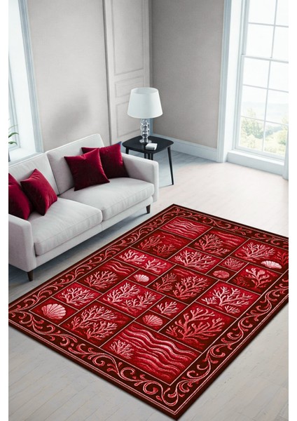 Mercan Desenli Kırmızı Patchwork Eskitme Halı Dijital Baskılı Dokuma Kaymaz Tabanlı Yıkanabilir Salon Halısı