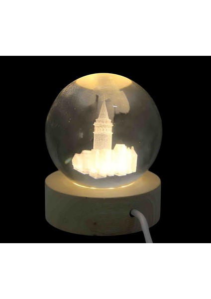 Tarihi Büyüleyici Galata Kulesi Īstanbul’un Îkonik Simgesi Usb'li Ahşap Taban 3D Kristal Cam Kar Küresi LED Işıklı Tek Renk Gün Işığı Dekoratif Hediyelik Eşya Masaüstü Aksesuar