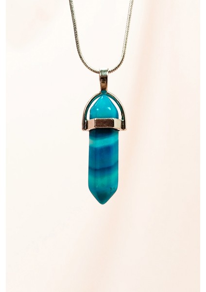 Mavi Akik Doğal Taşı Zincirli El Yapımı Tasarımlı Kolye Uç: 3,5 cm Zincir: 20 cm Kutulu