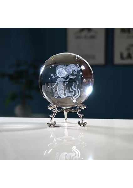 Dekoratif Metal Ayaklı Deniz Kızı Tasarımlı 3D Cam Küre 6cm