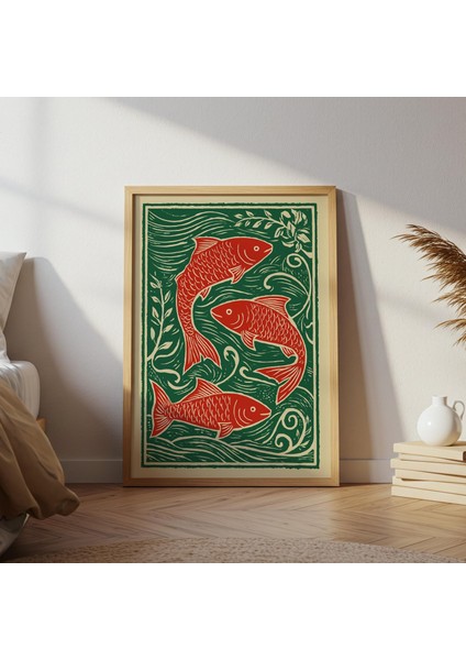 Kırmızı Balık Linol Baskı: Rustik Denizci Cottagecore Duvar Sanatı ( )