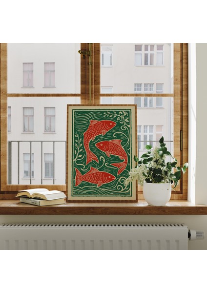 Kırmızı Balık Linol Baskı: Rustik Denizci Cottagecore Duvar Sanatı ( ) fiyatları