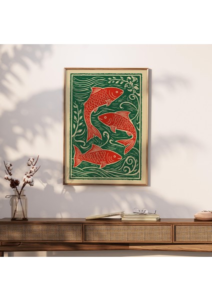 Kırmızı Balık Linol Baskı: Rustik Denizci Cottagecore Duvar Sanatı ( ) modelleri