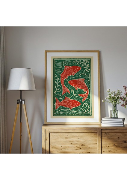 Kırmızı Balık Linol Baskı: Rustik Denizci Cottagecore Duvar Sanatı ( )