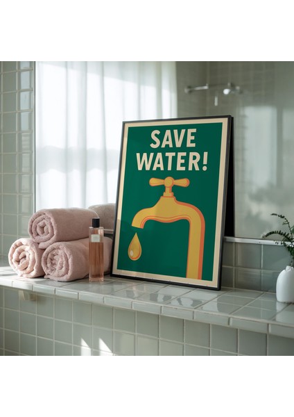 Su Tasarrufu Banyo Posteri: Retro Musluklu Tuvalet Sanatı ( & ) fiyatları